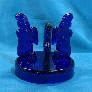 Vintage Cobalt Blue Glass Round with 3 Figural Praying Angels Candle Holder
